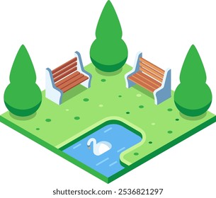 Isometric city park with benches, trees, green grass, and a swan swimming in a pond