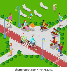 Isometric City Park with Bicycle Path. Active People Walking. Vector illustration