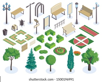 Isometric city park color horizontal set with isolated elements of public square garden on blank background vector illustration