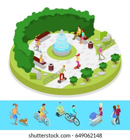 Isometric City Park Composition with Active People and Fountain. Outdoor Activity. Vector flat 3d illustration