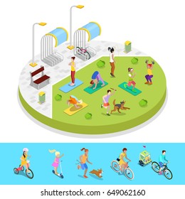 Isometric City Park Composition with Active People and Bicycle Parking. Outdoor Activity. Vector flat 3d illustration