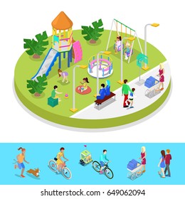 Isometric City Park Composition with Children Playground and Walking People. Outdoor Activity. Vector flat 3d illustration