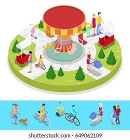 Isometric City Park Composition with Children and Amusement Carousel. Outdoor Activity. Vector flat 3d illustration