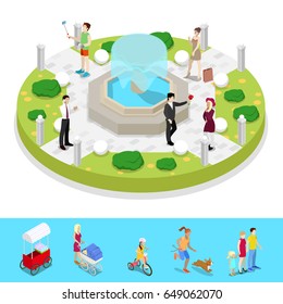 Isometric City Park Composition with Fountain and Walking People. Outdoor Activity. Vector flat 3d illustration