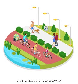 Composición de Parques Isométricos de la Ciudad con Mujeres y Familia en Bicicletas. Actividad al aire libre. Ilustración 3d plano del vector