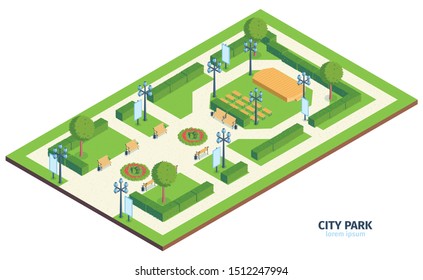 Isometric city park composition with text urban public garden with benches bushes and outdoor performance stage vector illustration