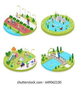 Isometric City Park Composition with Walking People and Cyclists. Outdoor Activity. Vector flat 3d illustration