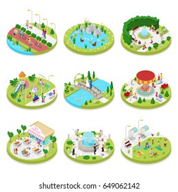 Isometric City Park Composition with Walking People. Outdoor Activity. Family on the Walk. Vector flat 3d illustration