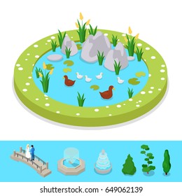 Isometric City Park Composition with Water Pond and Ducks. Vector flat 3d illustration