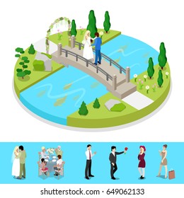 Isometric City Park Composition with Wedding Couple. Outdoor Activity. Vector flat 3d illustration