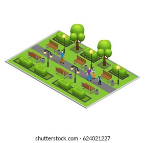 Isometric City Park Concept With Walking People Green Trees Bushes Lanterns And Benches Vector Illustration