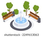 Isometric city park elements. Fountain, benches and trees, comfortable urban park environment 3D vector illustration on white background