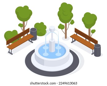 Isometric city park elements. Fountain, benches and trees, comfortable urban park environment 3D vector illustration on white background