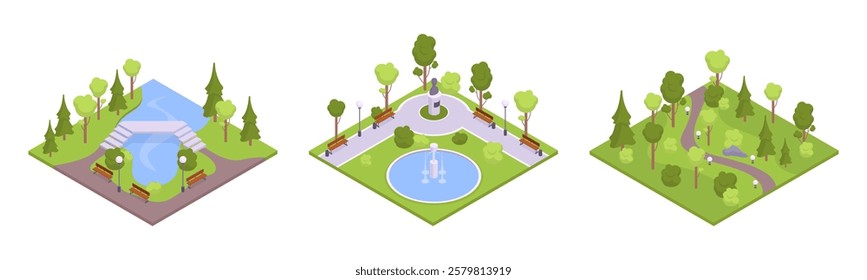 Isometric city park elements. Urban parklands with benches and trees, modern urban parks 3d vector illustration set. City parkland environment