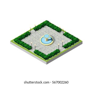 Isometric City Park with Fountain. Architectural garden. Urban infrastructure and town objects