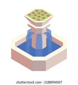 Isometric city park fountain with red flowers 3d vector illustration