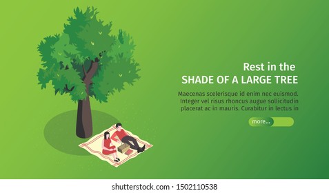 Isometric city park horizontal banner with editable text slider button and couple laying under the tree vector illustration