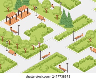 Isometric city park landscape design concept in vector illustration, isolated on white background