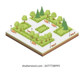 Isometrisches Stadtpark-Landschaftsgestaltungskonzept mit Bänken und Büschen in Vektorillustration, isoliert auf weißem Hintergrund