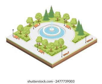 Concepto isométrico del diseño del paisaje del parque de la ciudad con la Ilustración vectorial de la fuente de agua, aislada en el fondo blanco