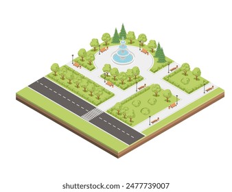 Isometric city park landscape design concept with an asphalt road and a fountain a vector illustration, isolated on a white background