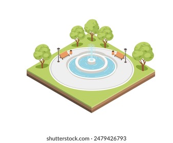 Concepto isométrico del diseño del paisaje del parque de la ciudad con la Ilustración vectorial de la fuente de agua aislada sobre fondo blanco