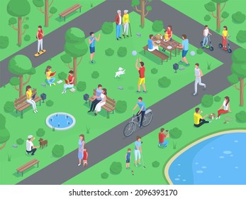 Isometric city park landscape with people doing outdoor activities. Public park summer active recreations vector illustration. People walking, jogging and having picnic. Boys playing volleyball