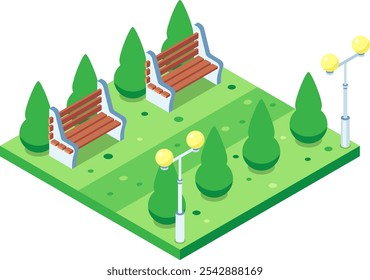 Isometric city park scene featuring wooden benches, lush green trees, and modern street lamps, representing urban recreation and outdoor leisure spaces