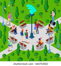 Isometric City Park With Wi-Fi Hotspot. Active People Using Wireless Internet Connection Outdoor. Vector Illustration