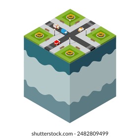 Isometric city parks and squares with houses, streets, people and trees. For game and website design.