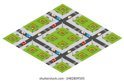 Isometric city parks and squares with houses, streets, people and trees. For game and website design.