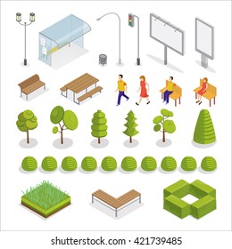 Isometric City. Isometric People. Urban Elements. Cityscape Objects. Bus Stop. Walking People. Isometric Road Facilities. Trees and Plants. Vector illustration