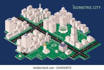 isometric city plan with roads and buildings. Smart city concept. Simple low poly architecture design, business background. 3d vector illustration.