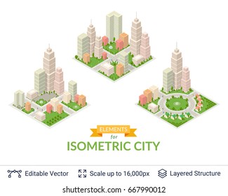 Isometric city popular structures. Modern design elements. Vector icons easy to edit and compose.
