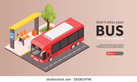 Isometric city public transport stop horizontal banner with editable text slider more button and bus stop vector illustration