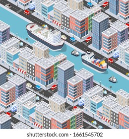 Isometric city  riverbank embankment with buildings of houses, streets and trees. Vector stock illustration