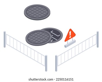 Isometric city road barriers. Urban city sewer works, road under construction, road fenced with security signposts 3D vector illustration