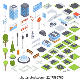 Isometric city road elements and traffic signposts. Street road signs, crossroads, traffic light and bus shop 3D vector illustration set. Urban city environment collection