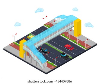 Isometric City Road With Pedestrian Bridge And Bicycle Path. Vector Illustration