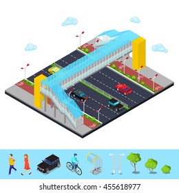 Isometric City Road With Pedestrian Bridge And Bicycle Path. Vector Illustration