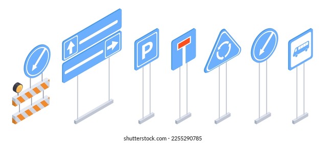 Isometric city road signs. Traffic signposts and street road signs, urban city parking and dead end signs 3d vector illustration set