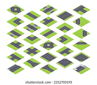 Constructor de caminos urbanos isométricos. Baldosas viales de asfalto urbano, carreteras y cruces, torceduras y círculos de tráfico Ilustración vectorial 3d sobre fondo blanco