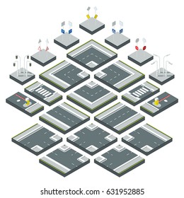 Isometric city roads, different signs on the highway. Stop or warning sign and traffic light isolate on white background