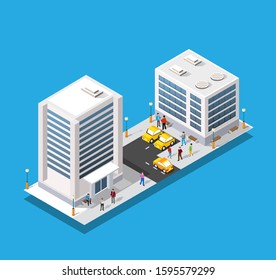 Isometric city with roads with streets houses and urban infrastructure. A conceptual stock illustration.