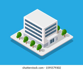 Isometric city with roads with streets houses and urban infrastructure. A conceptual stock illustration.