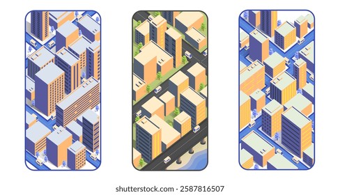 Isometric city scape navigation with cars in city. Online mobile application includes smartphone, city on the screen. Location with GPS map. Concept of exploration and travel. Vector illustration