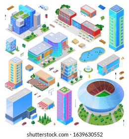 Isometric city scene generator creator vector design objects illustration. Hospital stadium mall restaurant buildings construction cars vehicles street objects collection