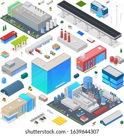 Isometric City Scene Generator Creator Vector Design Objects Illustration. Factory Plant Warehouse Buildings Truck Cars Vehicles Collection