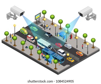 Isometric city security system concept with cctv cameras for monitoring and surveillance on road isolated vector illustration