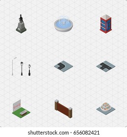 Isometric City Set Of Aiming Game, Phone Box, Park Decoration And Other Vector Objects. Also Includes Park, Path, Lanterns Elements.